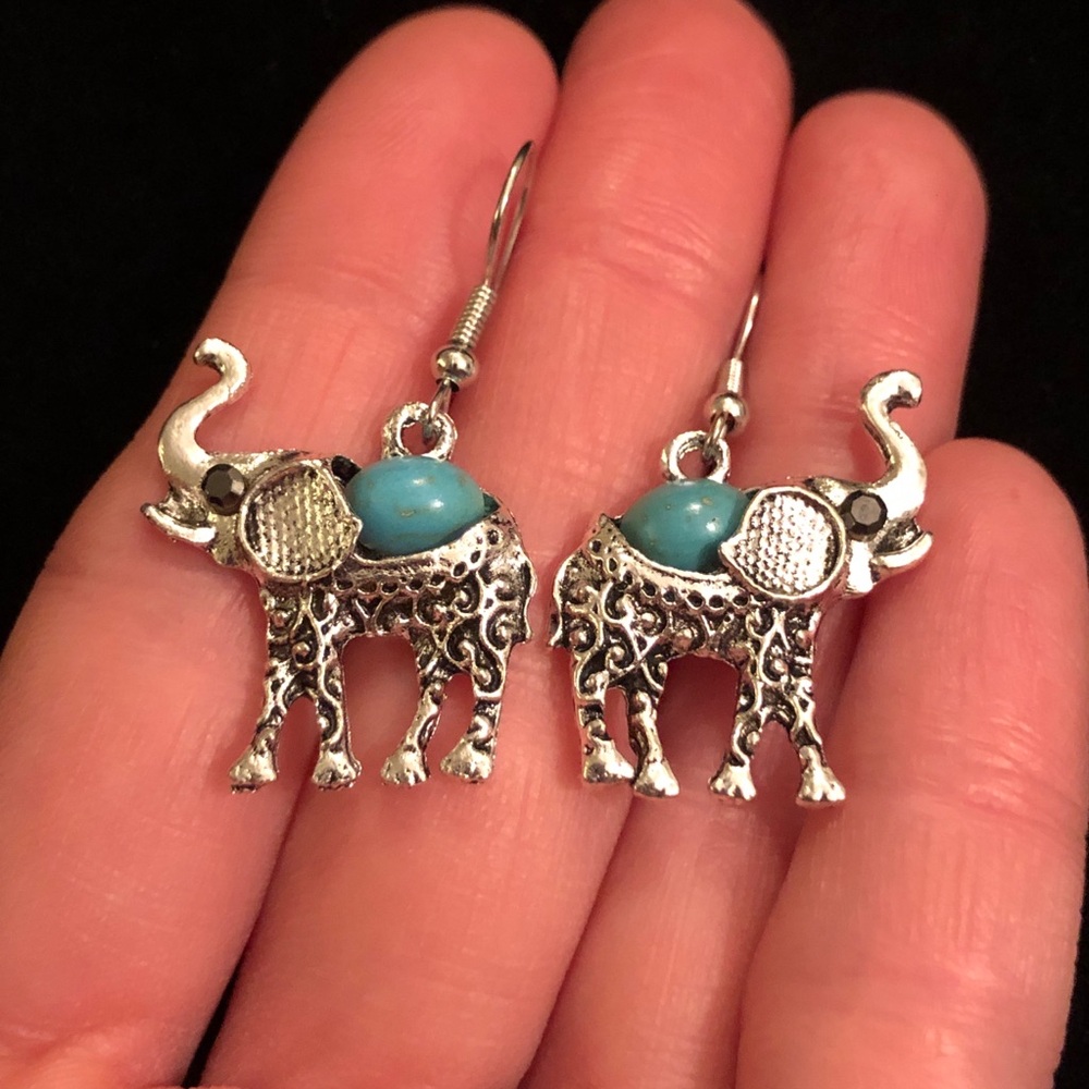 Silver Tone Elephant Earrings with Blue Faux Turquoise Stones